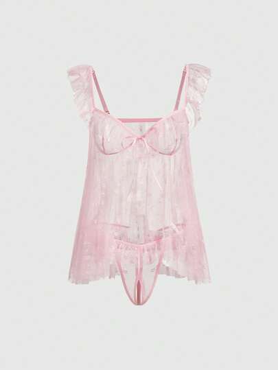 Kawaii Set di lingerie in rete con pois, arricciato, carino e sexy, adatto per San Valentino