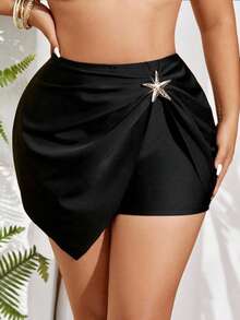 SHEIN Swim Curve 大码女式黑色单星装饰荷叶边下摆时尚简约泳裤、沙滩度假装、夏季 - 黑色 - 查看 5