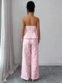 Elenzga Bộ đồ 2 món dành cho nữ, gồm áo hai dây và quần ống rộng họa tiết hoa jacquard, màu hồng thời trang. - Hồng - Xem 2