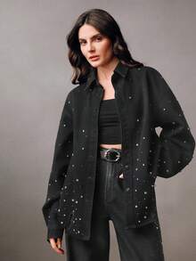 Anewsta 女士时尚魅力性感水钻浪漫派对度假黑色下摆做旧长袖衬衫 - 黑色 - 查看 4