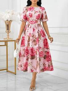 SHEIN Lady Women's Elegant Floral Print Round Neck Waist Cinched Midi Dress, Summer - Multicolor - View 7
