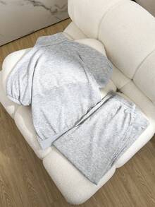 2pcs/Set Tween Girls Casual Outfit, Polo Zipper Half-Turtleneck Short Sleeve Sweatshirt Top With Loose Fit And Oversized Wide Leg Pants, Sports Pants Set, Suitable For Daily Wear And Workout - Grey - View 2