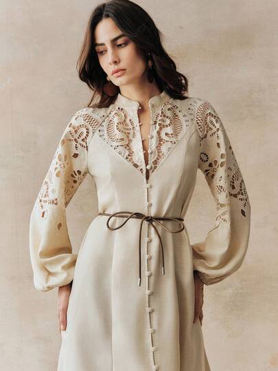 Anewsta Women's New Elegant Lace Embroidery Belted Collar Button Front Long Sleeve Dress, Suitable For Valentine's Day, Women's Day, Mother's Day, Birthday, Vacation, Date Anthropologie Clothes Lantern Sleeve Dress French Style Dress Cottagecore Dress
