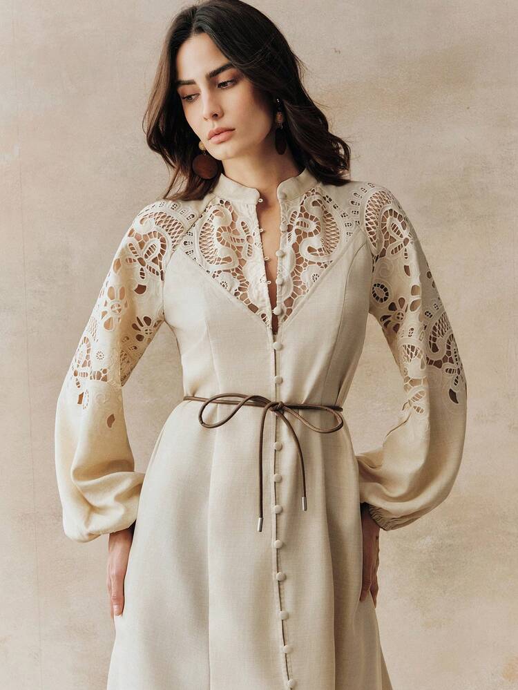 Women's New Elegant Lace Embroidery Belted Collar Button Front Long Sleeve Dress, Suitable For Valentine's Day, Women's Day, Mother's Day, Birthday, Vacation, Date Anthropologie Clothes Lantern Sleeve Dress French Style Dress Cottagecore Dress