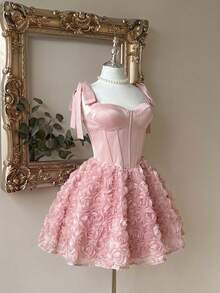 Lovelzi 优雅、浪漫、时尚的咖啡色缎面无肩带鱼尾连衣裙，饰有3D立体花卉装饰和荷叶边裙摆，适合单身派对、婚礼、毕业典礼、度假、下午茶和正式场合。 - 淺粉色 - 查看 6