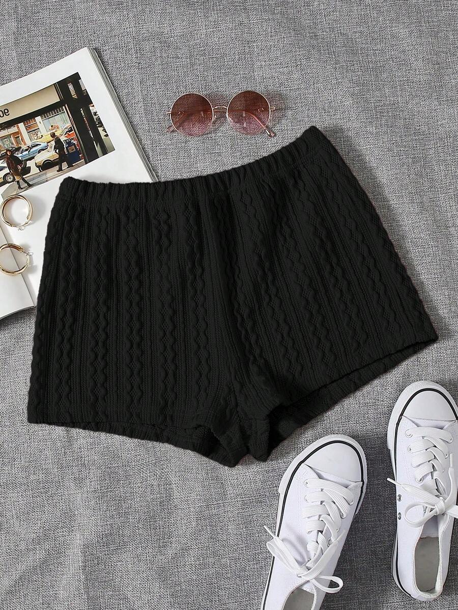 SHEIN EZwear 夏季穿搭：弹力腰纯色纹理短裤 - 黑色 - 查看 1