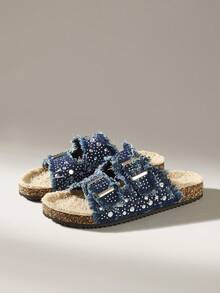 Solecia Women's Rhinestone Decor Buckle Thermal Lined Flat Sandals - Navy Blue - View 2