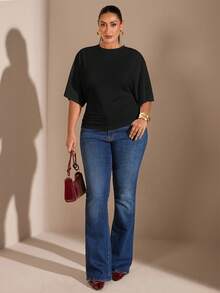 SHEIN BAE 大码女装夏季极简主义Y2K基础日常休闲返校街头风弹力白色宽松褶皱短款T恤 - 黑色 - 查看 2