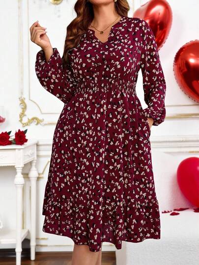 EMERY ROSE Plus Size Women Burgundy Midi Dress For Autumn,Spring