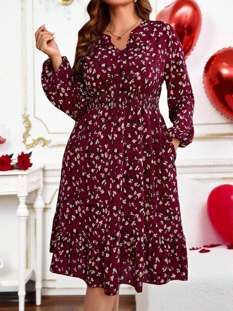 Plus Size Women Burgundy Midi Dress For Autumn,Spring
