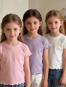 3pcs/Set Young Girl' Ribbed Solid White, Pink, Purple T-Shirts Girls Basic Tops - Multicolor - View 3