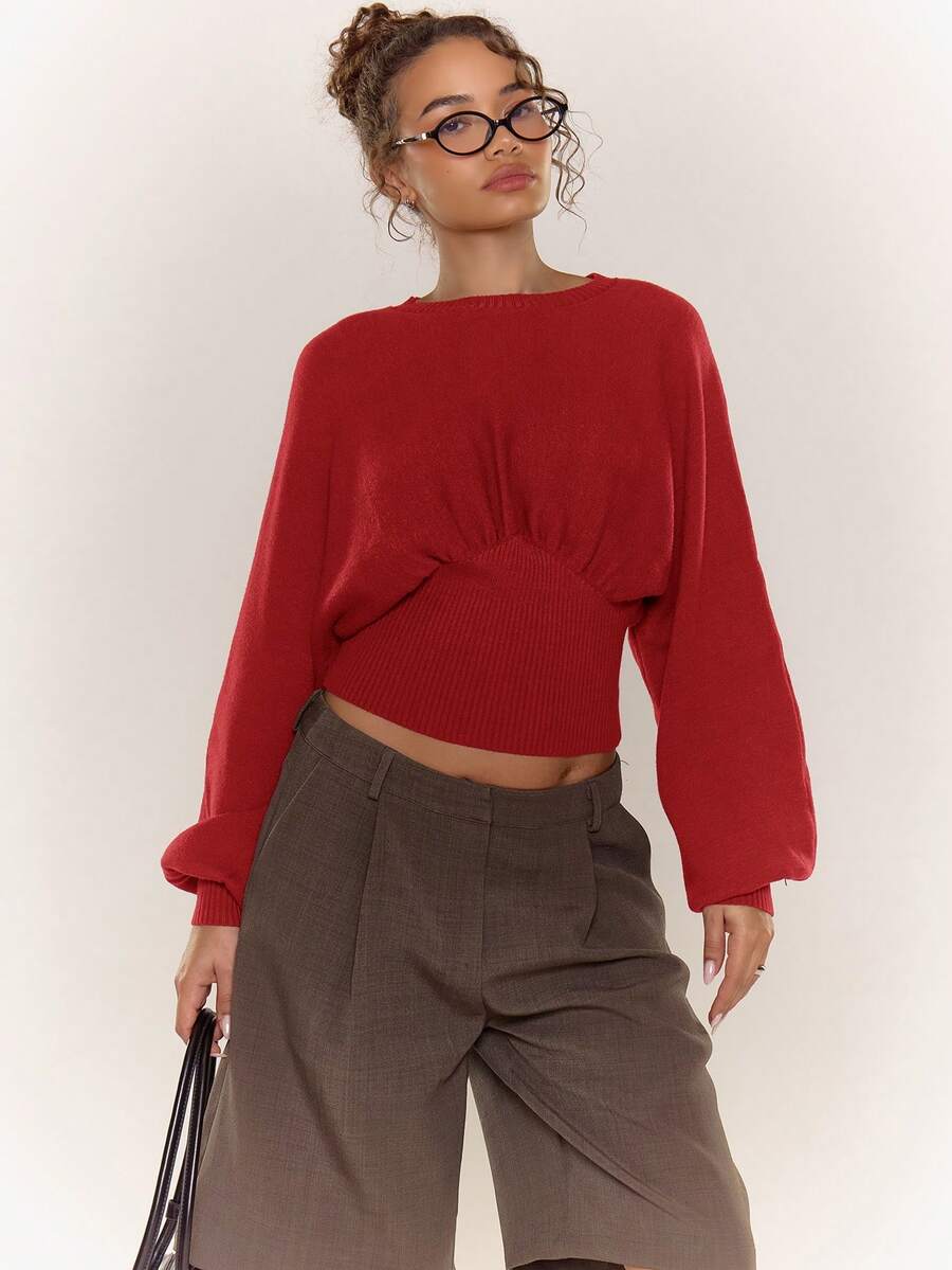 MUSERA 修身收腰泡泡袖蝙蝠袖针织毛衣，冬日夜晚外出街头风，可爱返校性感晚宴优雅情人节必备 - 紅色 - 查看 1