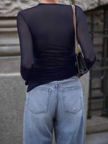 Ontre 2026 Spring/Summer Women's Mesh Sheer Splice Off Shoulder Blouse, Urban Commute Business Casual Top, Elegant Outfit For Dating, Vacation, Wedding Guest - Navy Blue - View 6