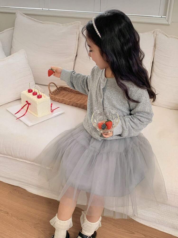 Young Girl Fashion Party Ladylike Button-Front Cardigan And Mesh Skirt Set, Suitable For Birthday Party