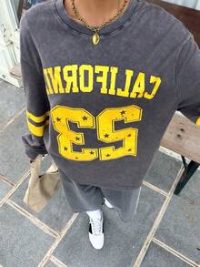 Muchica 女士休闲时尚街头风宽松版型数字、字母和星星印花落肩圆领卫衣，春秋季 - 彩色 - 查看 4