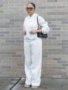 Melissa Matos 2pcs Women Simple Solid Color Long Sleeve Hooded Top And Pants Casual Set Fall Cloth For Women - Light Grey - View 3