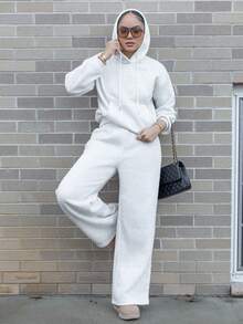 Melissa Matos 2pcs Women Simple Solid Color Long Sleeve Hooded Top And Pants Casual Set Fall Cloth For Women - Light Grey - View 6