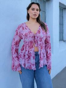 Nezia Cruz Plus Size Women Floral Print Knitted Mesh Cardigan With Cinched Waist And Bell Sleeve, Vacation Wear,Fall&Winter Women Clothes,Thanksgiving Women Clothes,Christmas Women Clothes,Holiday Shirts,New Year Eve  Clothes - Red - View 3