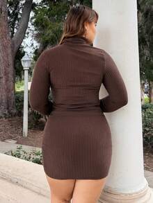 Nezia Cruz 大码女式高领纹理面料黑色紧身长袖连衣裙，百搭针织连衣裙，适合日常穿着和通勤，秋冬 - 棕色 - 查看 2