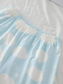 2件套女童可爱优雅休闲舒适柔软透气蓝色云朵卡通印花开衫短袖上衣和短裤睡衣套装，阻燃家居服 - 淺藍色 - 查看 6