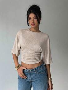 Aloruh Camiseta casual de mujer de unicolor con cuello redondo, mangas de murciélago y pliegues, acortada, para primavera/verano - Albaricoque - Ver 6