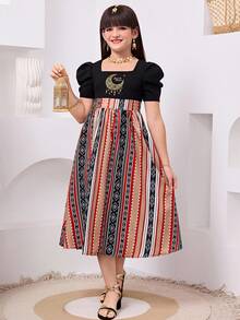 SHEIN Tween Girl Black And Beige Moon Print Puff Sleeves Patchwork Stripe Square Neck Dress,Matching Mother-Daughter Boho Summer Birthday Casual Wear - Black - View 2
