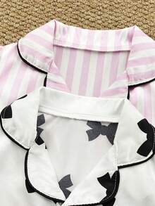 4件套女婴蝴蝶结条纹印花仿丝睡衣套装，包括短袖上衣和裤子 - 彩色 - 查看 6