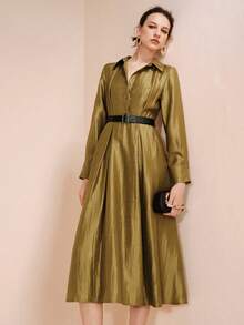 Arave New Cinched Waist V-Neck Mid-Length Dress For Women - Green - View 7