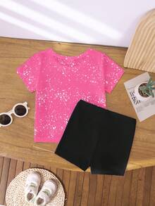 2件套女童休闲时尚创意个性清新可爱简约虚拟少女组合彩色星星水滴图案字母印花短T恤和骑行短裤套装，舒适温暖的夏季款式，适合春季、夏季、日常运动和外出，百搭撞色搭配，适合女孩居家、旅行和所有季节，粉色T恤和黑色短裤女童星星图案上衣 - 彩色 - 查看 2