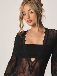 MISSGUIDED Long Sleeve Lace Semi Sheer Scalloped Neckline Cut Out Midriff Top - Black - View 5