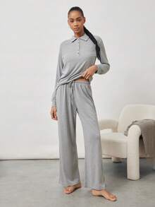 Ocili 2 Stücke schickes, legeres und bequemes Pyjama Set, Bambus-Faser Kragen & Knopf Langarm-Oberteil und lange Hose, Sommer - Grau - Übersicht 7