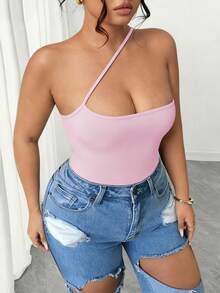 Elenzga Plus Size Women's Sexy Solid Color One Shoulder Top, Summer One Shoulder Top Plus - Pink - View 3