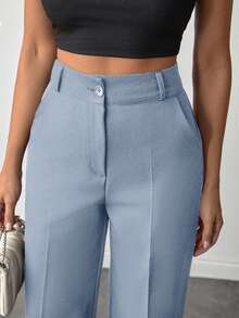 EURMUSE Pantalones rectos de cintura alta de unicolor para mujer de talla pequeña para uso diario - Gris Claro - Ver 5