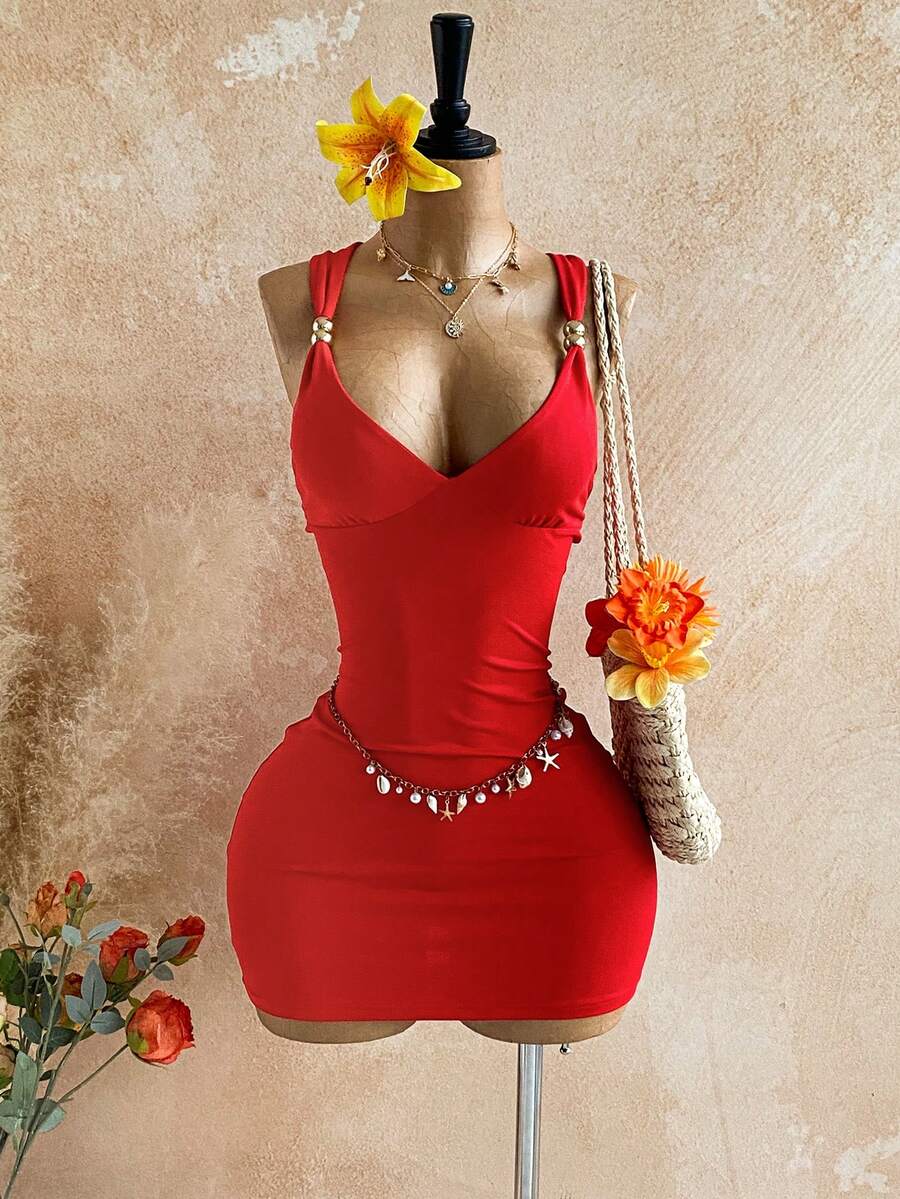 Soleia 女士性感露背纯色交叉绑带修身迷你连衣裙,夏季海滩度假风 - 白色 - 查看 1