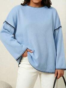 Plus Size Contrast Trim Casual Pullover Sweater - Baby Blue - View 1