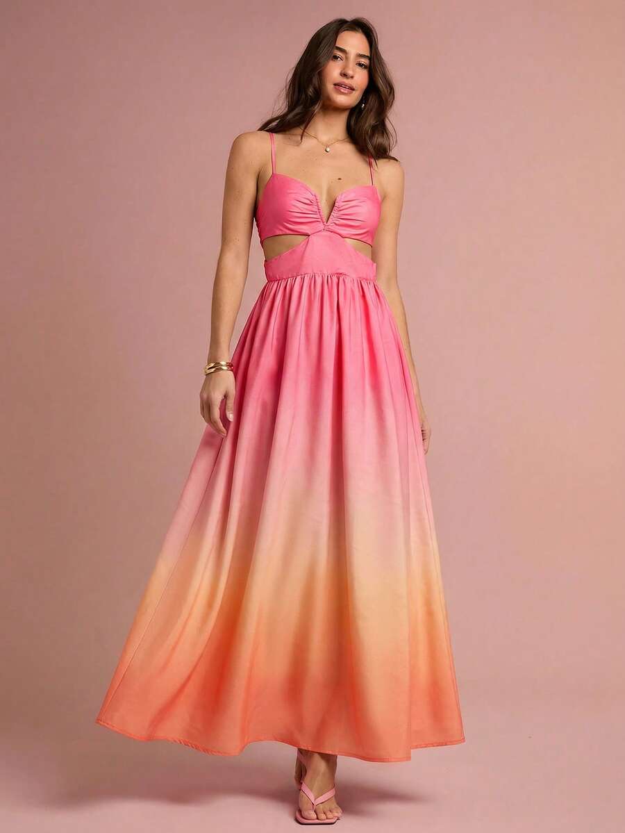 Enchnt Women's Ombre Ruched Waist Cutout Sexy Cami Dress,Summer Dresses For Women - Hot Pink - View 1