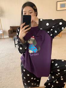 DAZY Puppy Print Contrast Polka Dot Fabric Raglan Sleeve Women Pajama Set - Purple - View 6