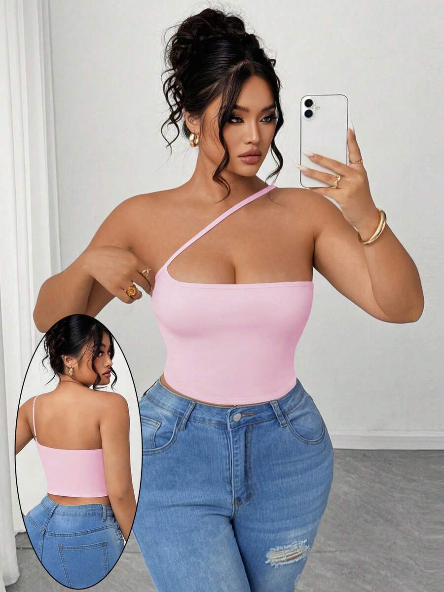 Elenzga Plus Size Women's Sexy Solid Color One Shoulder Top, Summer One Shoulder Top Plus - Pink - View 1