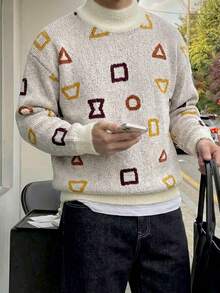 Manfinity Unisex Men's Geometric Pattern Turtleneck Long Sleeve Casual Sweater, Autumn/Winter - Apricot - View 1