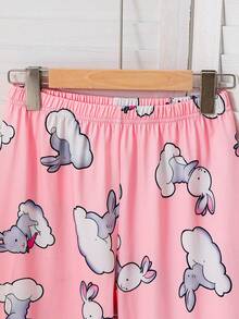 Girls Casual Comfortable Soft Pink Cloud Rabbit Pattern Pajama Set, Collared Short Sleeve Top And Long Pants 2 Pieces Loungewear - Pink - View 9