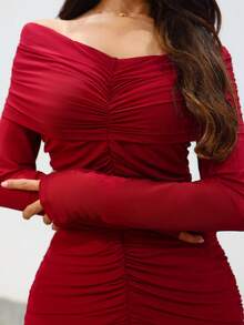 Hindelle Vestido longo feminino elegante cor sólida plissado ombro de fora manga comprida bainha rabo de peixe - Borgonha - Ver 3