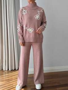EURMUSE Women 3d Floral Embroidery Sweater Co-Ord Set - Dusty Pink - View 5