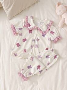 2pcs/Set Toddler Girls Cute Rabbit Print Elegant Ruffle Collar Lantern Sleeve Short Sleeve Cardigan Top And Casual Pants Homewear Set Girls Bunny Pajamas Ruffle Pajamas Girls Sleepwear Cute Sleepwear Pajama Set - Apricot - View 3