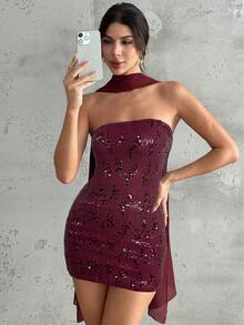 Firerie Đầm mini cúp ngực buộc dây eo bằng vải sequin bóng bẩy, thanh lịch dành cho nữ, thích hợp cho các buổi tiệc tùng, lễ hội, thời trang thu đông, dự tiệc cưới, trang phục gợi cảm đi club. - Màu Đỏ Sâu - Xem 6