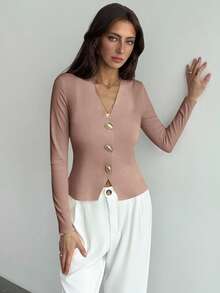 Aloruh 简约杏色V领长袖金属装饰短款女式毛衣，秋冬款 - 藕粉色 - 查看 6