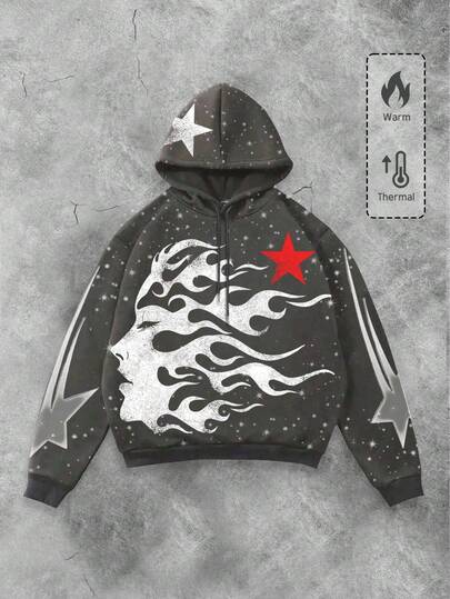 Street Life Herren Kapuzen-Sweatshirt mit Kordelzug, Langarm, lässiges kreatives Portrait-Grafik-Design, Herbst Winter