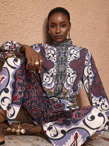 JIAN LASALA Mono de mujer de pierna ancha con estampado boho multicolor, cuello de pico, mangas farol y cintura drapeada. Conjunto de estampado africano para mujer, mono boho para mujer para boda en la playa - Multicolor - Ver 5