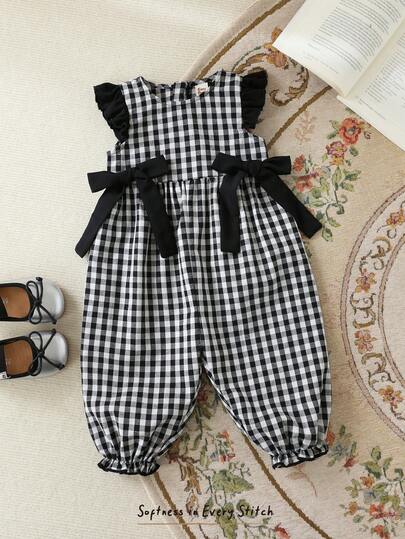 Cozy Pixies Toddler Girls' Black & White Plaid Round Neck Ruffle Trim Butterfly Decor Waist Tie Jumpsuit With Leg Cuffs