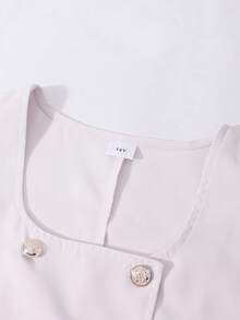 少女米色双排扣方领无袖露脐上衣+阔腿裤两件套，轻盈职场风西式时尚 - 白色 - 查看 4