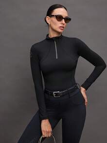 Activina 女士纯色立领半拉链修身马术夹克 - 黑色 - 查看 4